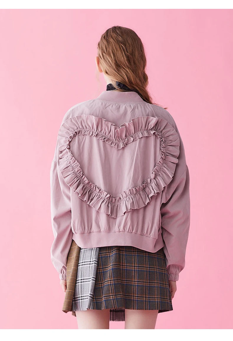 

Heart Embroidered Finale Lace Satin Silky Kitten Bown Bomber Baseball Jacket Kawaii Lolita Outfit Spring Coat Autumn Winter New