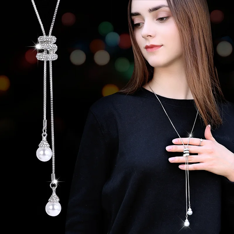 

NEW Simulated Pearl Crystal Long Sweater Chain Circles Necklace Vintage Accessary Crystal Collares Statement Jewlery