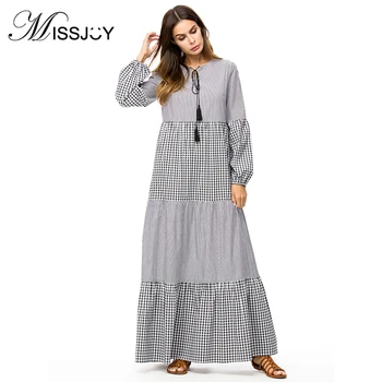 

MISSJOY 2018 Arab Abaya Muslim Dress Turkey Islamic Elbise patchwork Stripe Plaid Full sleeve loose elegant Casual party dress