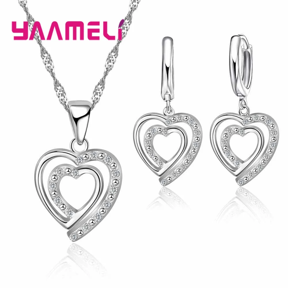 

Giemi Genuine 925 Sterling Silver Earrings Pendant Necklace Crystals Lovely Heart Shape Women Bridal Wedding Party Accessory