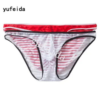 

YUFEIDA 2PCS/ LOT Sexy Briefs Striped Men's Bikini See Through Pouch Underwear Transparent Mesh Male Jockstrap Briefs