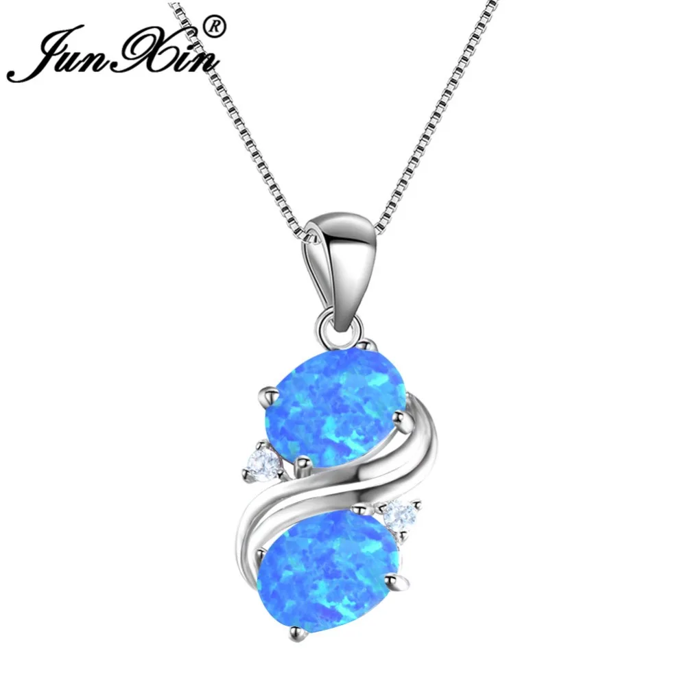 

JUNXIN White Blue Fire Opal Pendant Necklaces For Women 925 Sterling Silver Zircon Oval Rainbow Stone S Choker Valentine Gifts