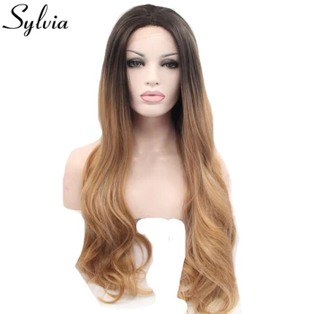 

Sylvia Mixed Brown Two Tone Ombre Wigs with Dark Roots Long Body Wave Synthetic Lace Front Wig Heat Resistant Fiber Hair