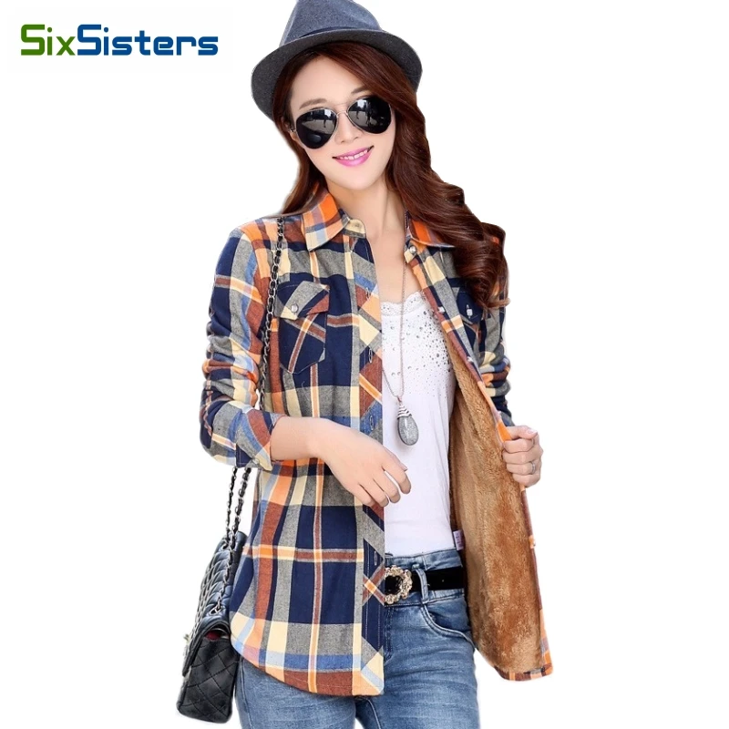 

Women Wool Thicken Plaid Shirts Female Student Flannel Full Blouses Cotton Cashmere Shirts Winter Pockets Slim Tops M-XXL HS1506