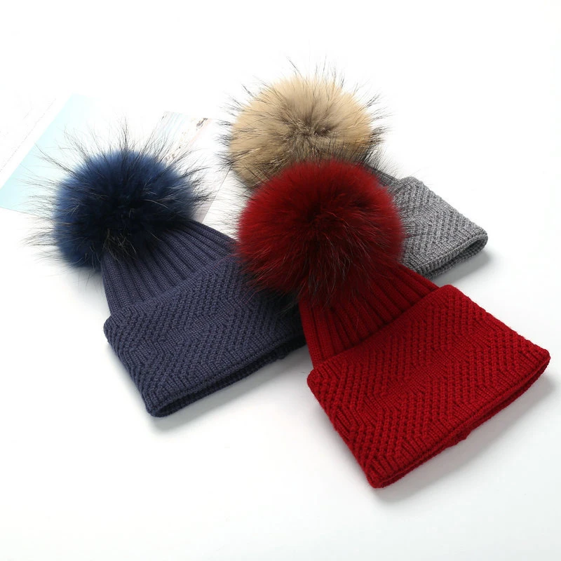 Winter Hat Women Knit Cap Warm Wool Real Raccoon Pom Pom Ski Accessory Brim Beanie Headwear Soft Casual Outdoor Solid Color (1)