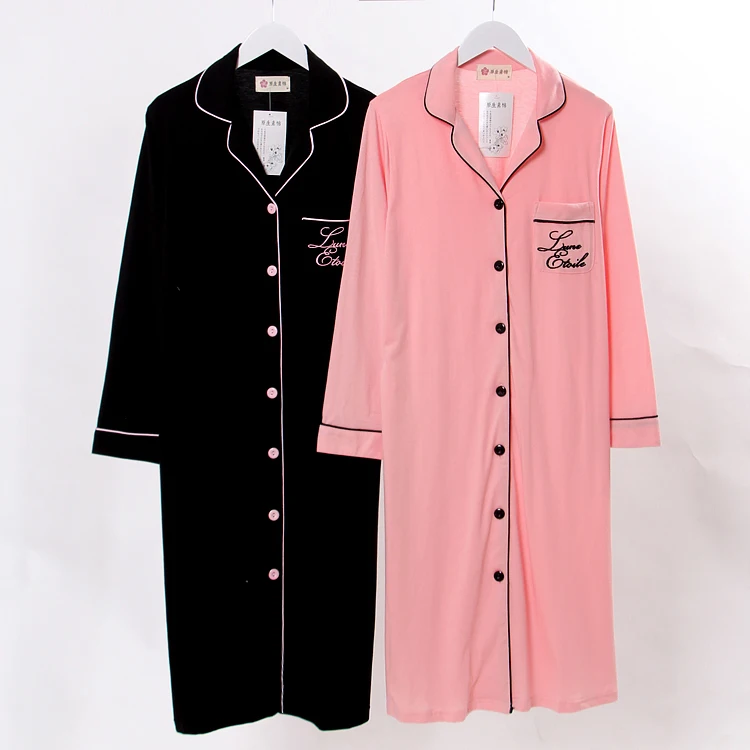 Women Lady Cotton Comfort Long sleeved Pajamas Robe Long Tracksuit Black Pinkpajamas