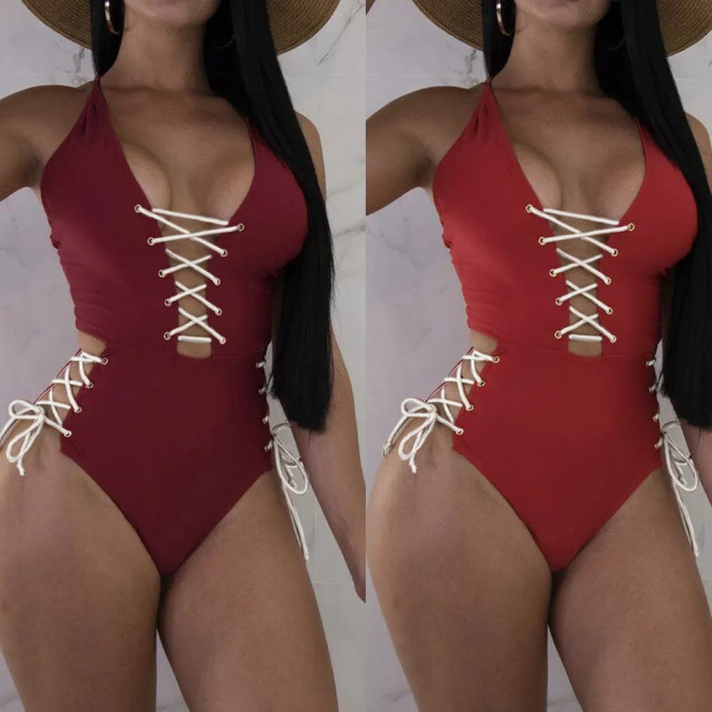 

Summer Women One Piece Solid Red Strap Padded Backless Beach Swimwear Cross Bandage Halter Bikini Swimsuit Deep V Neck Bodysuit