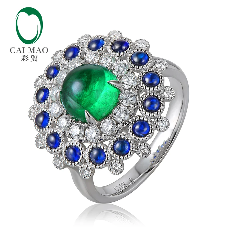 Caimao Cabochon Cut 1.85ct Natural Emerald 18k White Gold Halo Diamond Sapphire Engagement Ring for Women