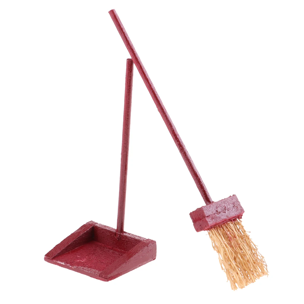 1/12 Wood Broom Dustpan Set Cleaning Tools for Dolls House Room Fairy Garden Accessories