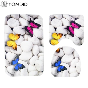 

3pcs butterfly Bathroom Mat Set Beach series mat starfish pebble Printing Bathroom rugs Anti-Slip Soft Flannel Toilet carpet Set