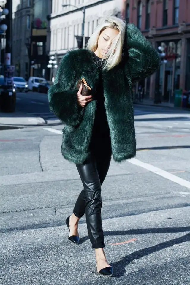 Новинка, осенне-зимнее модное пальто из искусственного меха, Женское пальто из искусственного лисьего меха средней длины, однотонная верхняя одежда из искусственного меха темно-зеленого цвета, W899