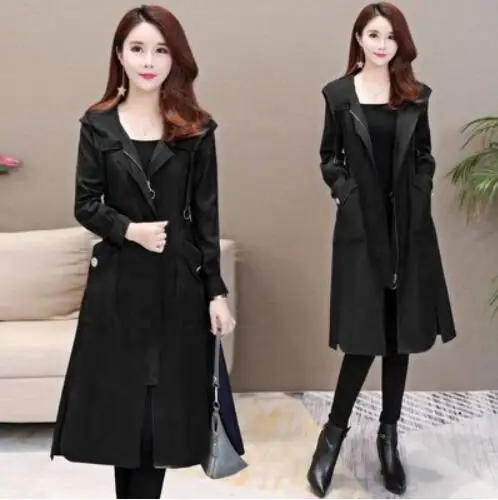 black Spring Autumn Classic Long Trench Coat Women Casual Thin Windbreaker Female Hooded slim slimming Overcoat pullover Coat - Color: black