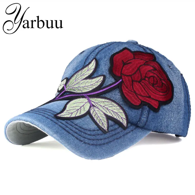 [YARBUU] العلامة التجارية الدنيم قبعة بيسبول مع الأحمر روز النساء عارضة snapback قبعة جديد الأزياء الصلبة الجينز قبعات الصيف الشمس سيدة فتاة القبعا...