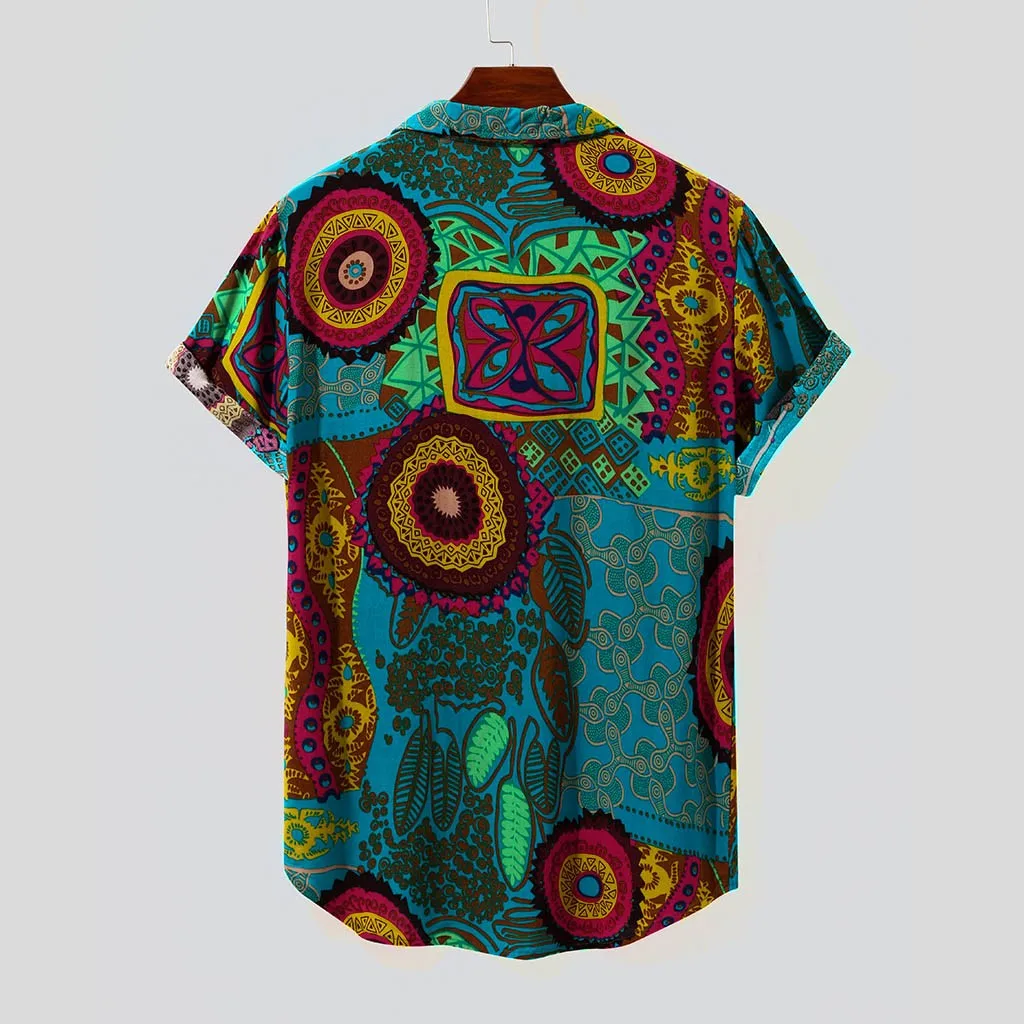 Мужская хлопковая рубашка, летняя гавайская рубашка с этническим принтом и коротким рукавом,, повседневный Топ Харадзюку, Camisa Hombre, уличная одежда, 19Je
