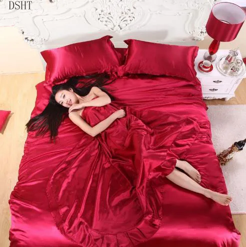 HOT! pure satin silk bedding set,Home Textile King size bed set, bed clothes, duvet cover ,flat sheet ,pillowcases ,Wholesa