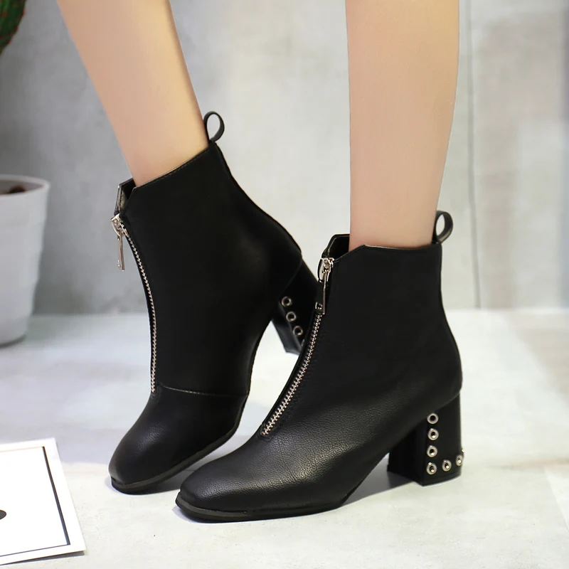 Kopen Lucyever Mode Zacht Leer Enkellaars voor Vrouwen 2019 Nieuwe Lente Herfst Rits Dikke Hoge Hakken Vrouwen Laarzen Zwart beige