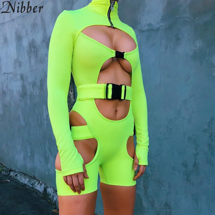 Nibber مثير الجوف خارج نيون الأخضر النساء Playsuit الصيف الساخن بيع السيدات الأزياء ارتداءها أسود سستة مشبك بذلة