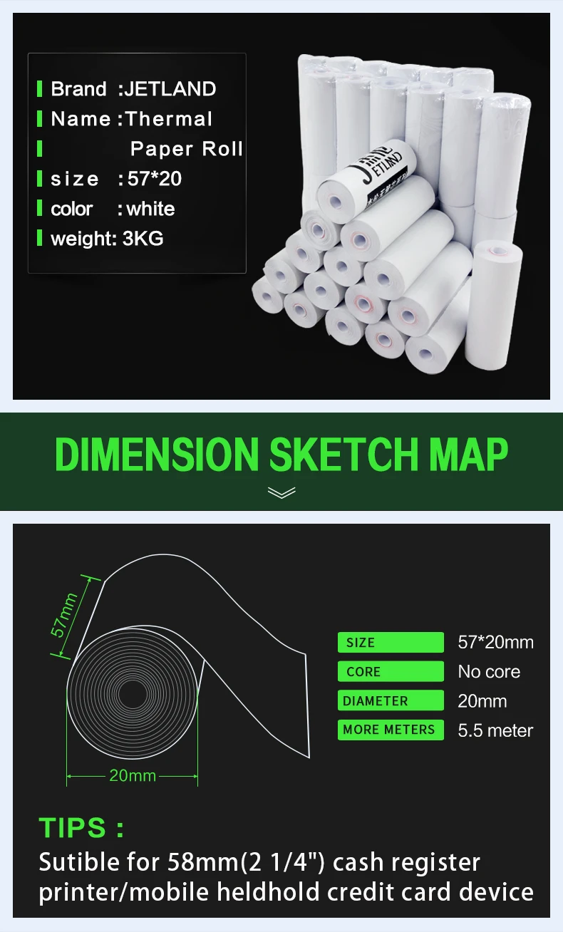 Jetland Термальность Бумага 57 мм x 20 мм Coreless мини получения Бумага, 12 рулонов в серию