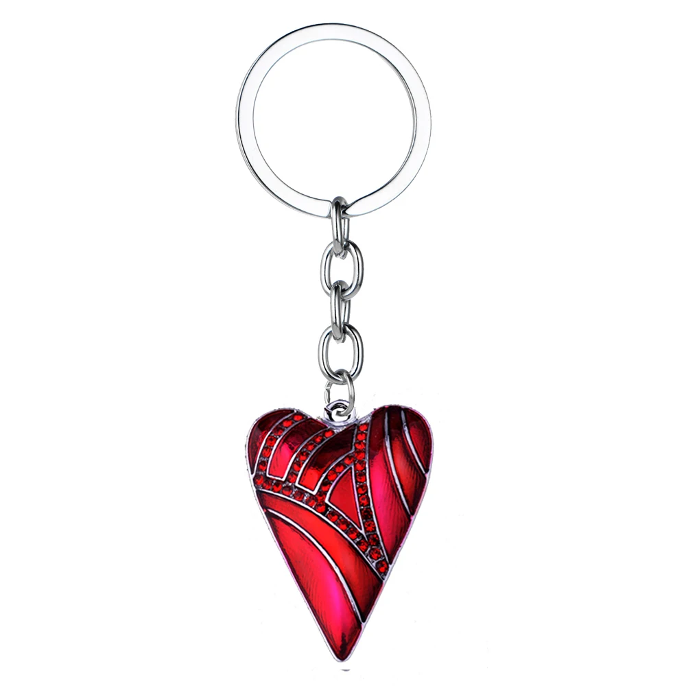 12PC/Lot Red Heart Charms Keychain Enamel Crystal Rhinestone Keyring