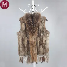 Зимний женский жилет из натурального кроличьего меха, вязаный женский жилет из натурального кроличьего меха с воротником из натурального меха енота, хорошее качество