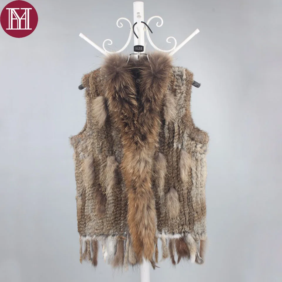 

Winter women genuine rabbit fur vest knitted lady natural rabbit fur vests with real raccoon fur collar good quality