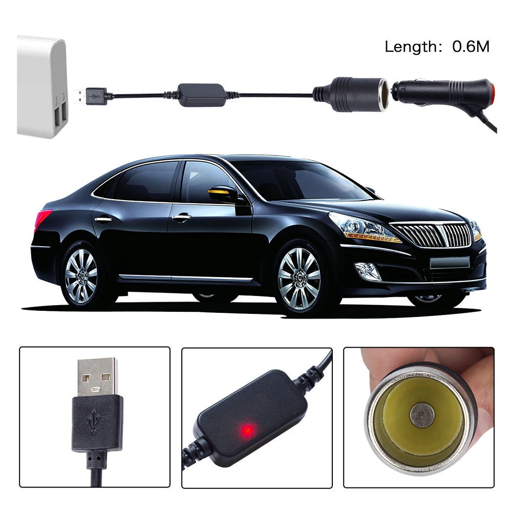 12 В usb-разъем для автомобиля мужской и женский автомобильный прикуриватель гнездо конвертер для DVR камера памяти GPS E-Dog 0,6 м 1,2 м 3,2 м красный свет