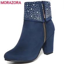 MORAZORA/стразы; обувь на высоком каблуке; сезон весна-осень; ботильоны для женщин на молнии; модные женские ботинки; большие размеры 34-47