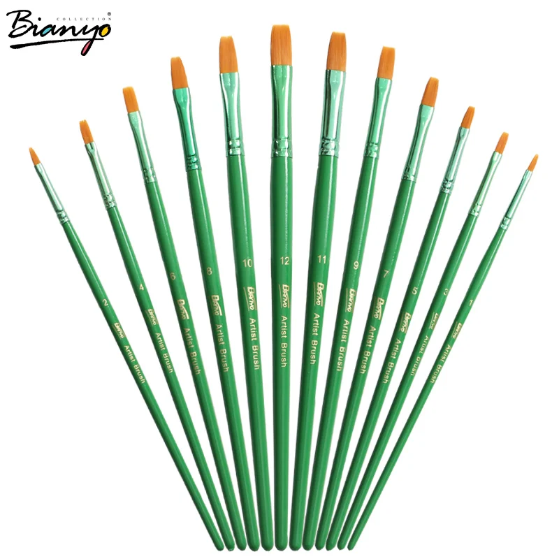 

Bianyo 12pcs/lot Flat Head Nylon Hair Paint Brush Set for Watercolor Brush Acrylic Oil Painting Brushes School Artist Supplies