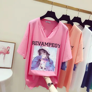 

New Summer Fashion Loose Character Print Short Sleeve T-shirts Medium-long Large Size V Neck Pullovers Top Students Tshirts
