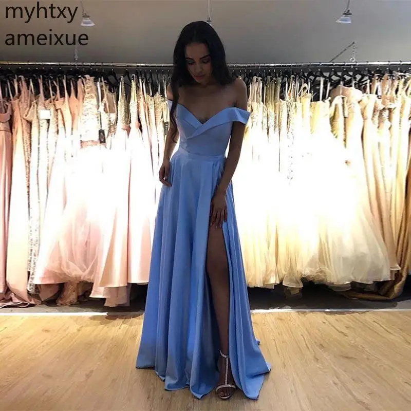 

Custom Simple Long Prom Dress Off Shoulder Multi Color Front Split Robe De Soiree Forest Burgundy Special Occasion Party Gowns