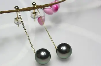 

gorgeous 18k pair of 10-11mm Tahitian round black green pearl dangle earring