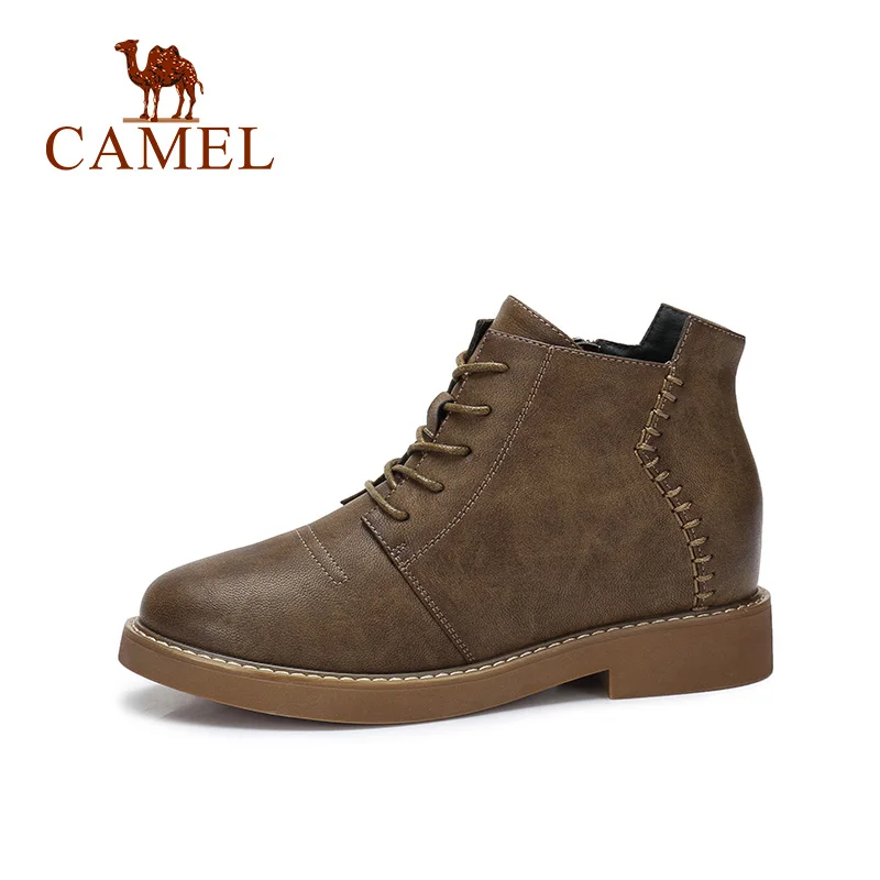 

CAMEL New Short Boots Women Winter British Style Fashion Short Boots Shoes Women Low Flat Heel Genuine Leather Lace Ladies Boots