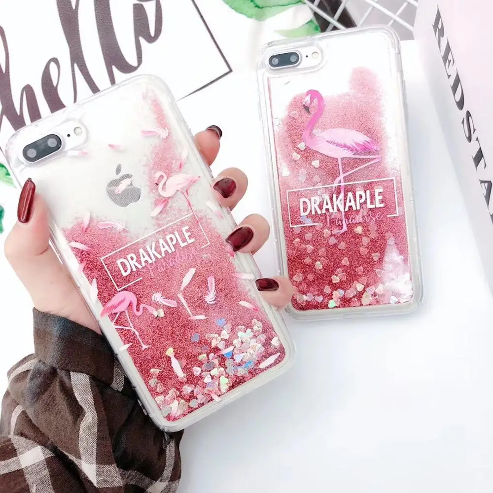 

Shining Quicksand Flamingo Phone Case For iPhone X XS MAX XR Bling Dynamic Love Hearts Sequins Back Cover For iphone 7 8 plus 6