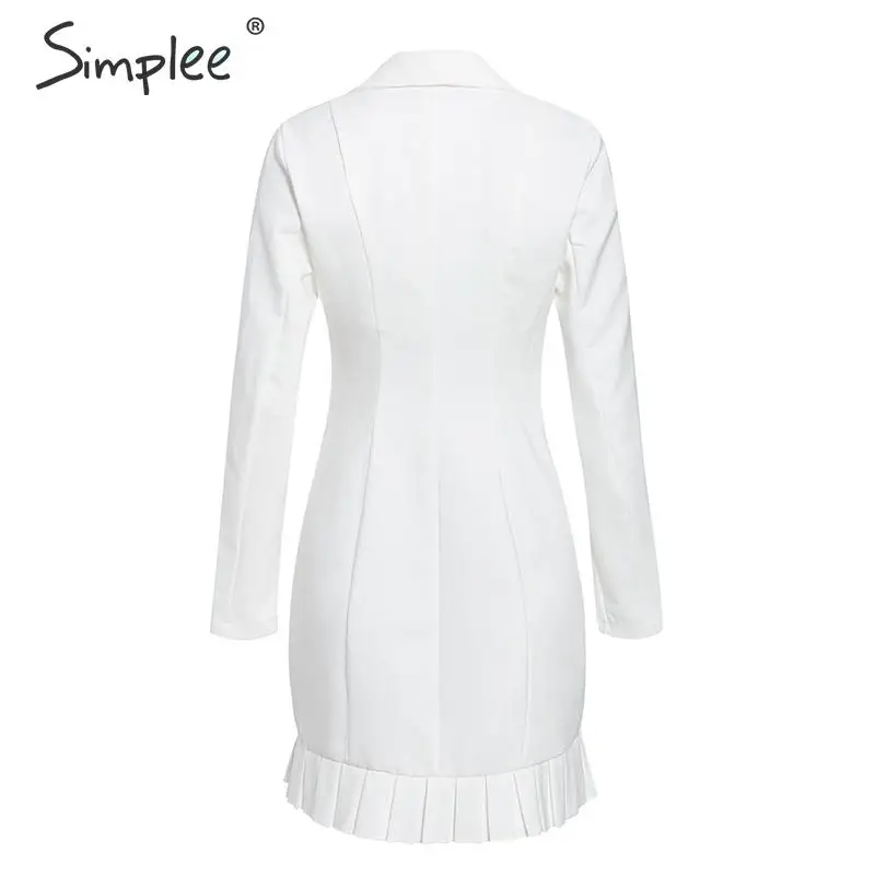 Simplee Sexy v-neck women blazer dress Elegant signal breasted frill white office dress Party style ladies pockets mini dresses