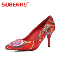 New Red Shoes Women 2016 SUBERRY Brand Red Bottom High Heels Wedding Shoes Colorful Chinese Style Embroidery Pumps Plus Size 4-9