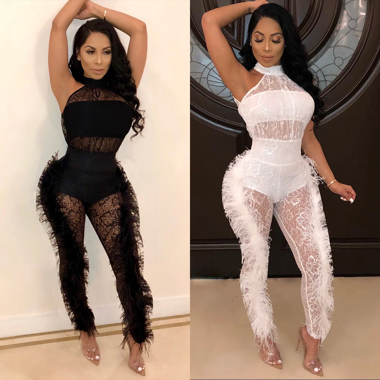 Fashion Lace Fur Jumpsuit Solid Sexy See Through Feather Trim Lace Jumpsuit Skinny Black White Bodysuits Fashion Lace Fur Jumpsuit Solid Sexy See Through Feather Trim Lace Jumpsuit Skinny Black White Bodysuits