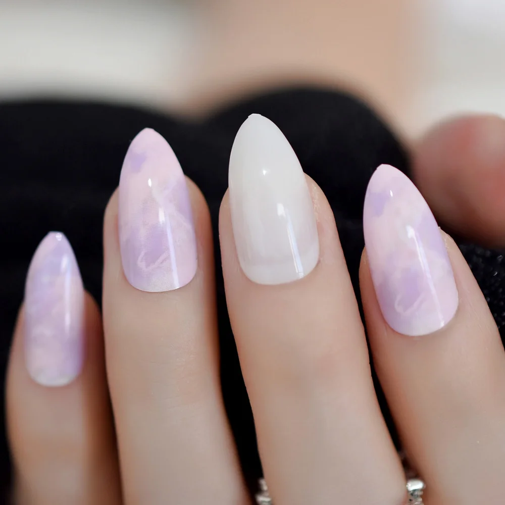 24 шт, розовый, фиолетовый, белый, Нефритовый, мраморный цвет, поддельные ногти на шпильках, острый верх, искусственные ногти, предварительный дизайн, полностью акриловые накладные ногти