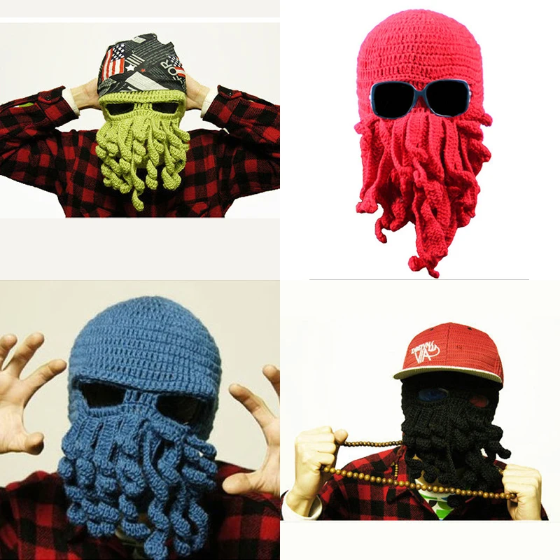 Hot Aliexpress Novelty Handmade Knitting Wool Funny Beard Octopus Hats