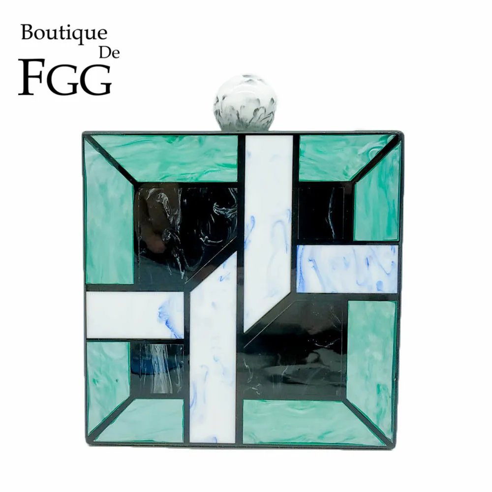 

Boutique De FGG Green Plaid Flag Square Women Acrylic Box Clutch Evening Handbags Hard Case Ladies Chain Shoulder Crossbody Bag