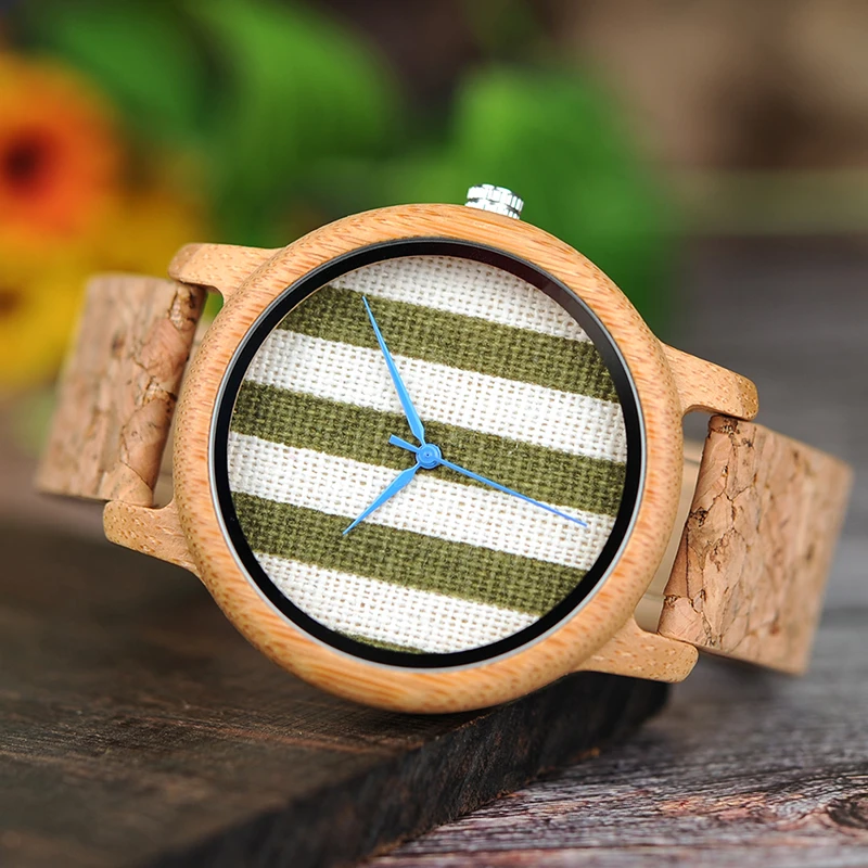 BOBO BIRD Cloth Dialplate Bamboo Wood Watch for Men Leather Strap Japan Quartz Wood Watches Women as Fashion Accessories