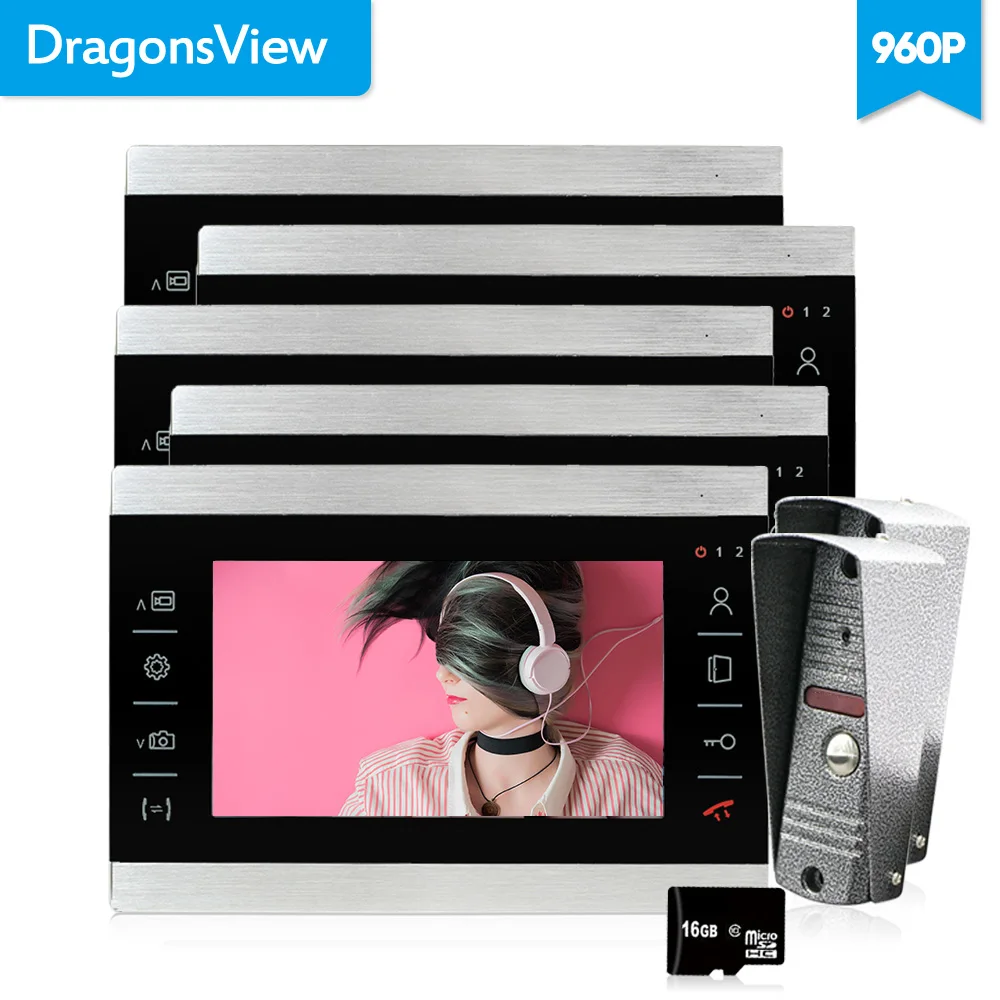 

Dragonsview 7 inch Video Door Intercom Doorbell Phone Wired Visual 960P Wired Doorbell Home Intercom 5 Monitors 2 Panel Record