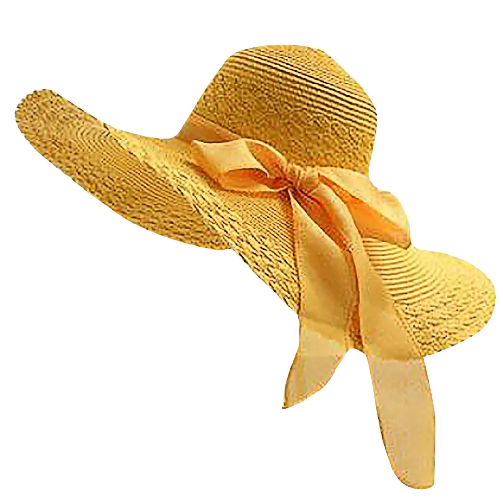 Новая летняя коллекция вдоль солнцезащитный женская соломенная шляпа большой край соломенная шляпа с бантом широкополая шляпа от солнца шляпы с широкими полями пляжные Кепки# J3 - Цвет: Цвет: желтый