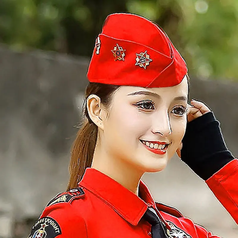 

Russia Woman Military Cap With Badge Solider Army Hat Women Cotton Red Beret Beanies Caps Cosplay Hats