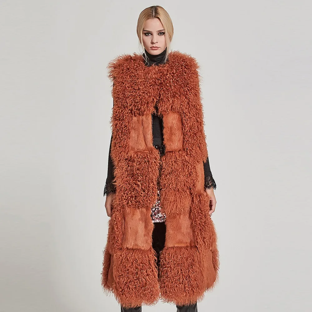 Fur Story Women's Real Fur Vest Real Mongolia Lamb Fur Vest Natural
