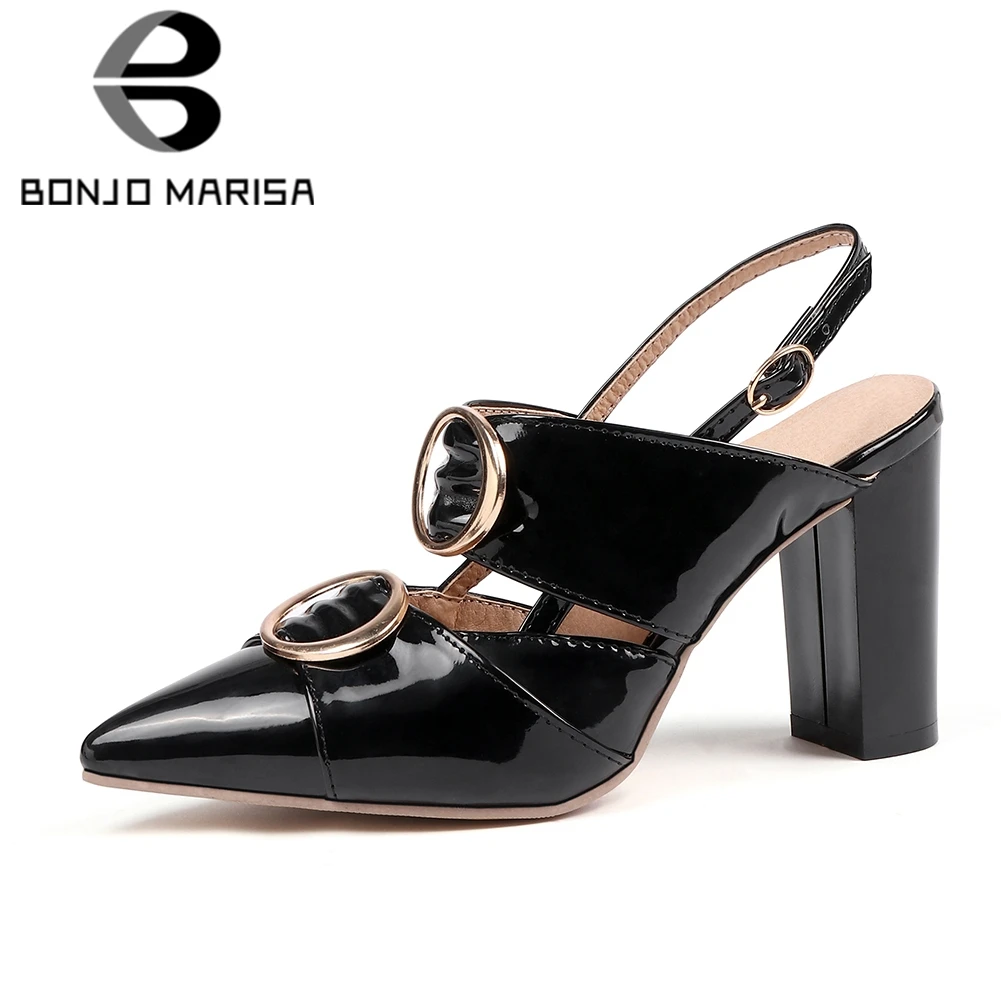 

BONJOMARISA 2019 New Brand Plus Size 30-47 Summer Sandals Women Fashion Patent Pu Pointed Toe Footwear High Heels Shoes Woman