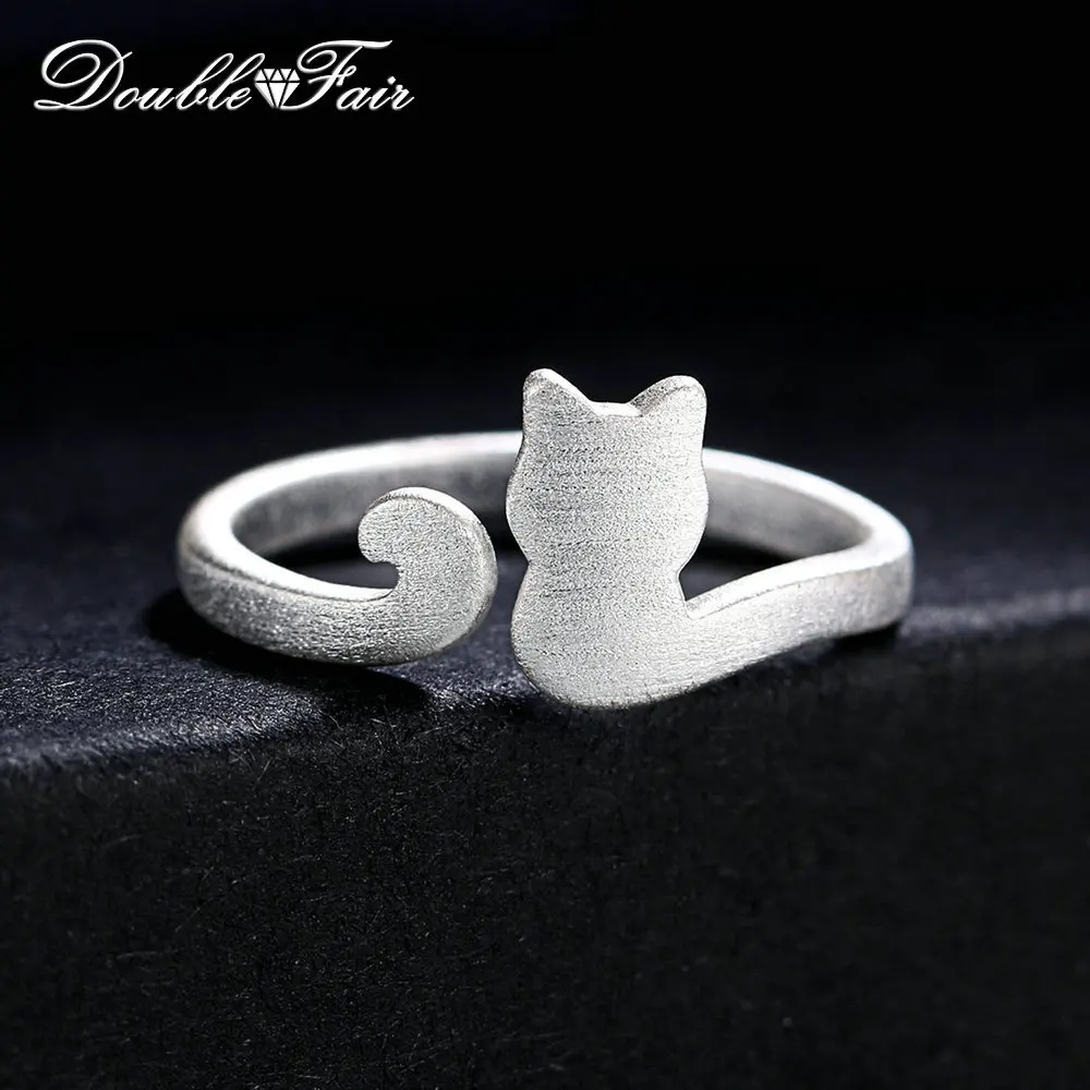 

Double Fair Lovely Cats Wiredrawing Design 100% 925 Sterling Silver Rings Adjustable Ring For Women Gift Cocktail Party DFRY002