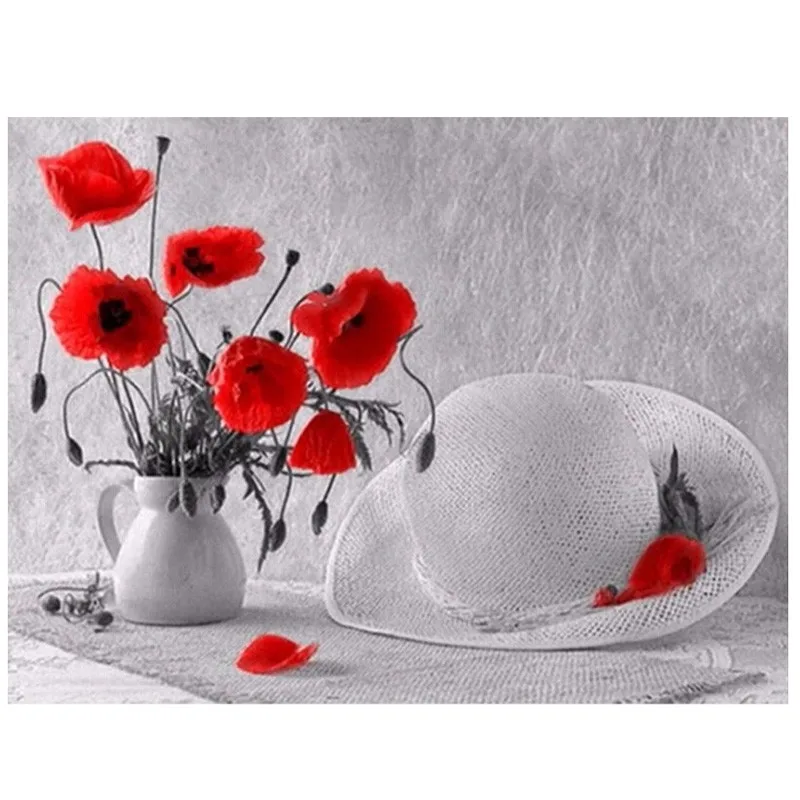

New 5D DIY Diamond Painting Poppy Flower Vase White Hat Cross Stitch round Diamonds Embroidery Mosaic For Home Decoration