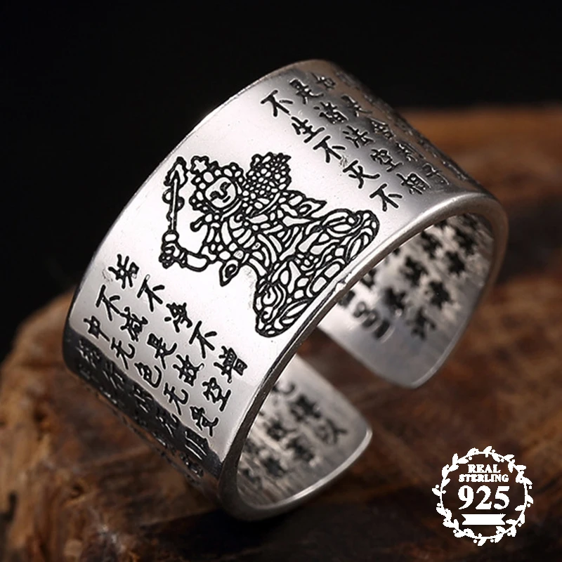 

925 Sterling Silver Antique store Ring Buddhism Ring THAI Vintage Gift Men woman Religion Totem Asia Gautama Buddha texts