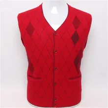 Чистый козий кашемир v-образным вырезом вязать мужчин моды Аргайл лоскутное толстый кардиган свитер красный S/4XL