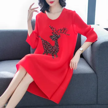 

Pleated Foreign Style Large Size Dress 2019 New Spring Female Deer Pattern Printing Loose a Line Dress